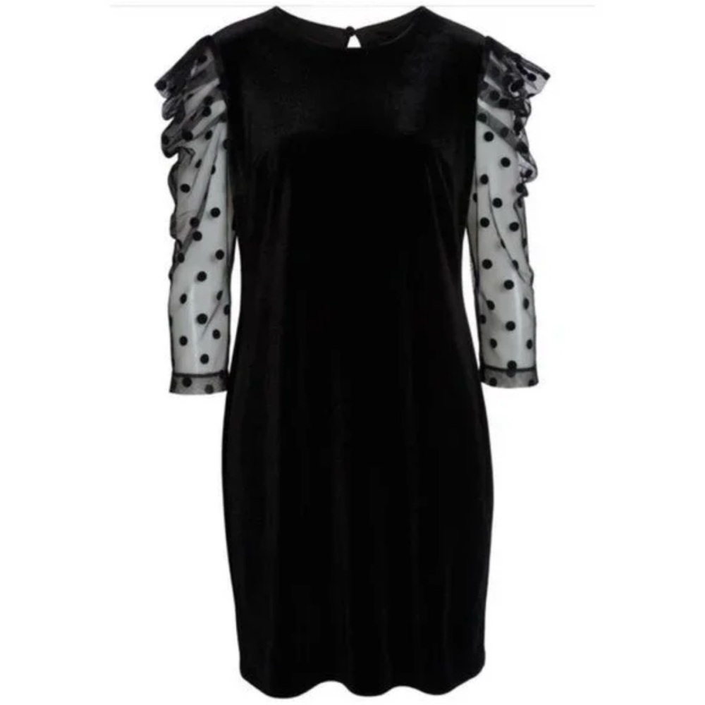 Julia Jordan Black Velvet w Sheer Swiss Polka Dot Puff Sleeve Cocktail Dress